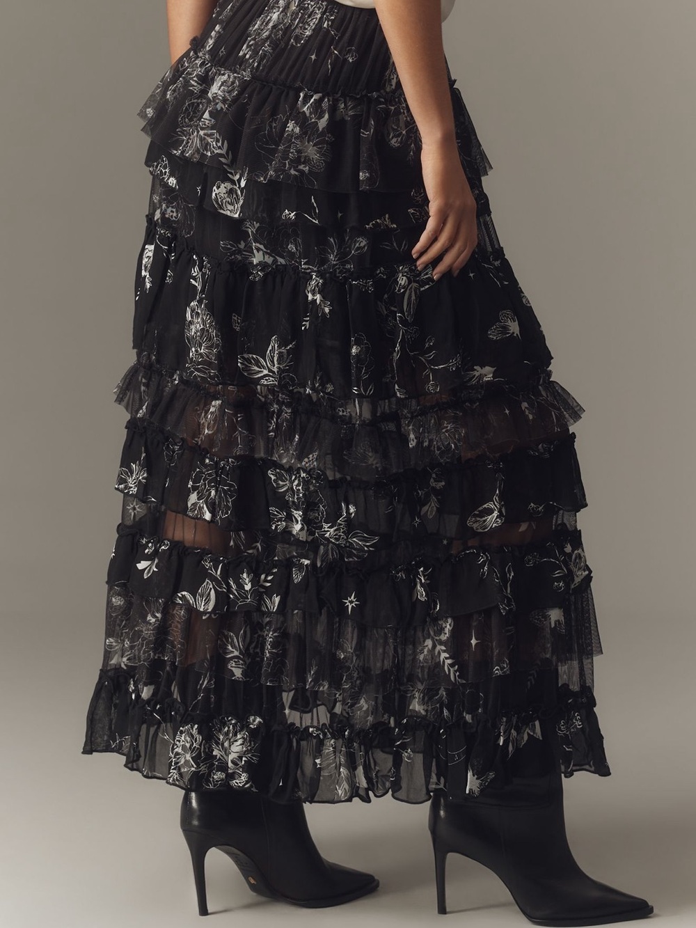 NWOT Anthropologie Tiered Ruffled Petticoat Maxi Skirt- Black Celestial Print - Picture 3 of 7
